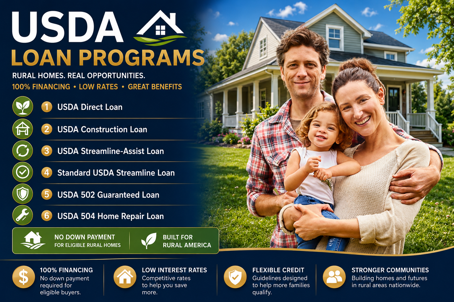 USDA Loan Programs — happy family in front of their new rural Florida home