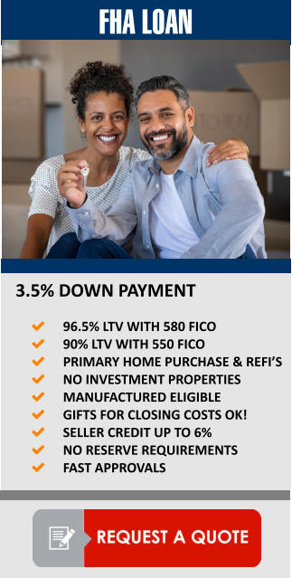 FHA LOAN 3.5% DOWN PAYMENT  	96.5% LTV WITH 580 FICO 	90% LTV WITH 550 FICO 	PRIMARY HOME PURCHASE & REFI’S  	NO INVESTMENT PROPERTIES 	MANUFACTURED ELIGIBLE 	GIFTS FOR CLOSING COSTS OK! 	SELLER CREDIT UP TO 6%   	NO RESERVE REQUIREMENTS 	FAST APPROVALS