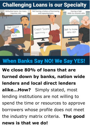 We close 80% of loans that are turned down by banks, nation wide lenders and local direct lenders alike...How?   Simply stated, most lending institutions are not willing to spend the time or resources to approve borrowers whose profile does not meet the industry matrix criteria.  The good news is that we do!