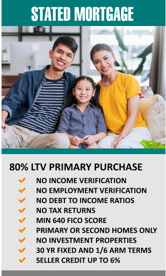 STATED MORTGAGE    80% LTV PRIMARY PURCHASE 	NO INCOME VERIFICATION 	NO EMPLOYMENT VERIFICATION 	NO DEBT TO INCOME RATIOS  	NO TAX RETURNS 	MIN 640 FICO SCORE 	PRIMARY OR SECOND HOMES ONLY 	NO INVESTMENT PROPERTIES 	30 YR FIXED AND 1/6 ARM TERMS 	SELLER CREDIT UP TO 6%