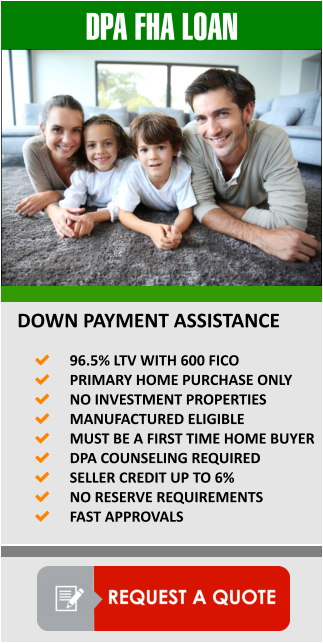 DPA FHA LOAN   DOWN PAYMENT ASSISTANCE  	96.5% LTV WITH 600 FICO 	PRIMARY HOME PURCHASE ONLY 	NO INVESTMENT PROPERTIES 	MANUFACTURED ELIGIBLE 	MUST BE A FIRST TIME HOME BUYER  	DPA COUNSELING REQUIRED 	SELLER CREDIT UP TO 6%   	NO RESERVE REQUIREMENTS 	FAST APPROVALS