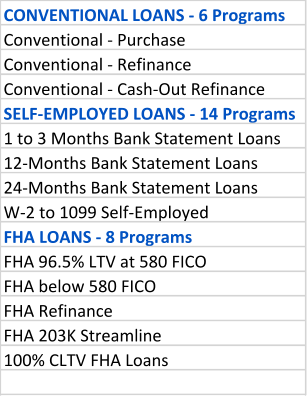 CONVENTIONAL LOANS - 6 Programs Conventional - Purchase  Conventional - Refinance Conventional - Cash-Out Refinance SELF-EMPLOYED LOANS - 14 Programs 1 to 3 Months Bank Statement Loans  12-Months Bank Statement Loans   24-Months Bank Statement Loans   W-2 to 1099 Self-Employed  FHA LOANS - 8 Programs   FHA 96.5% LTV at 580 FICO    FHA below 580 FICO FHA Refinance FHA 203K Streamline  100% CLTV FHA Loans