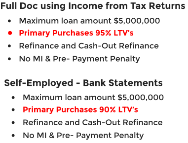 Full Doc using Income from Tax Returns •	Maximum loan amount $5,000,000 •	Primary Purchases 95% LTV’s •	Refinance and Cash-Out Refinance  •	No MI & Pre- Payment Penalty  Self-Employed - Bank Statements  •	Maximum loan amount $5,000,000 •	Primary Purchases 90% LTV’s   •	Refinance and Cash-Out Refinance  •	No MI & Pre- Payment Penalty