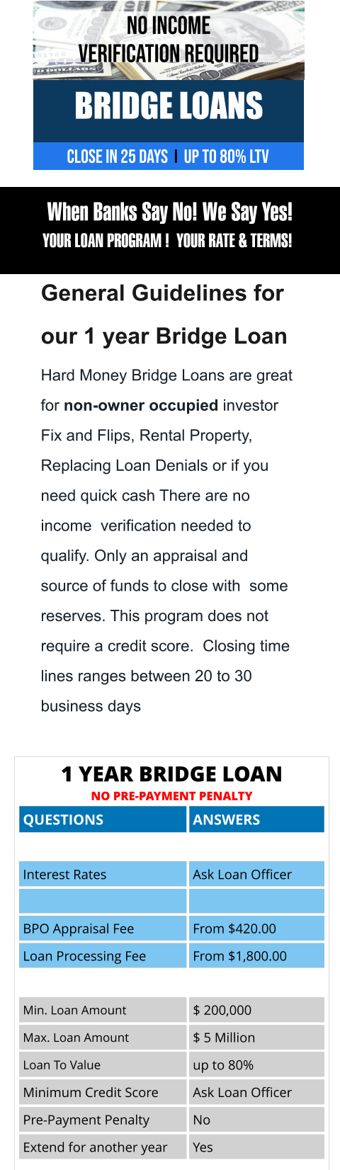CLOSE IN 25 DAYS  i  UP TO 80% LTV BRIDGE LOANS no income  Verification required   General Guidelines for our 1 year Bridge Loan Hard Money Bridge Loans are great for non-owner occupied investor Fix and Flips, Rental Property, Replacing Loan Denials or if you need quick cash There are no income  verification needed to qualify. Only an appraisal and  source of funds to close with  some reserves. This program does not require a credit score.  Closing time lines ranges between 20 to 30 business days    When Banks Say No! We Say Yes! YOUR LOAN PROGRAM !  YOUR RATE & TERMS!